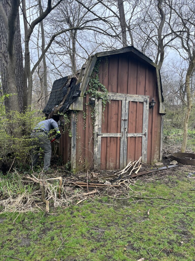 Large Wood Shed Tear Down Removal Old Shed junk removal service in Homer Glen Illinois