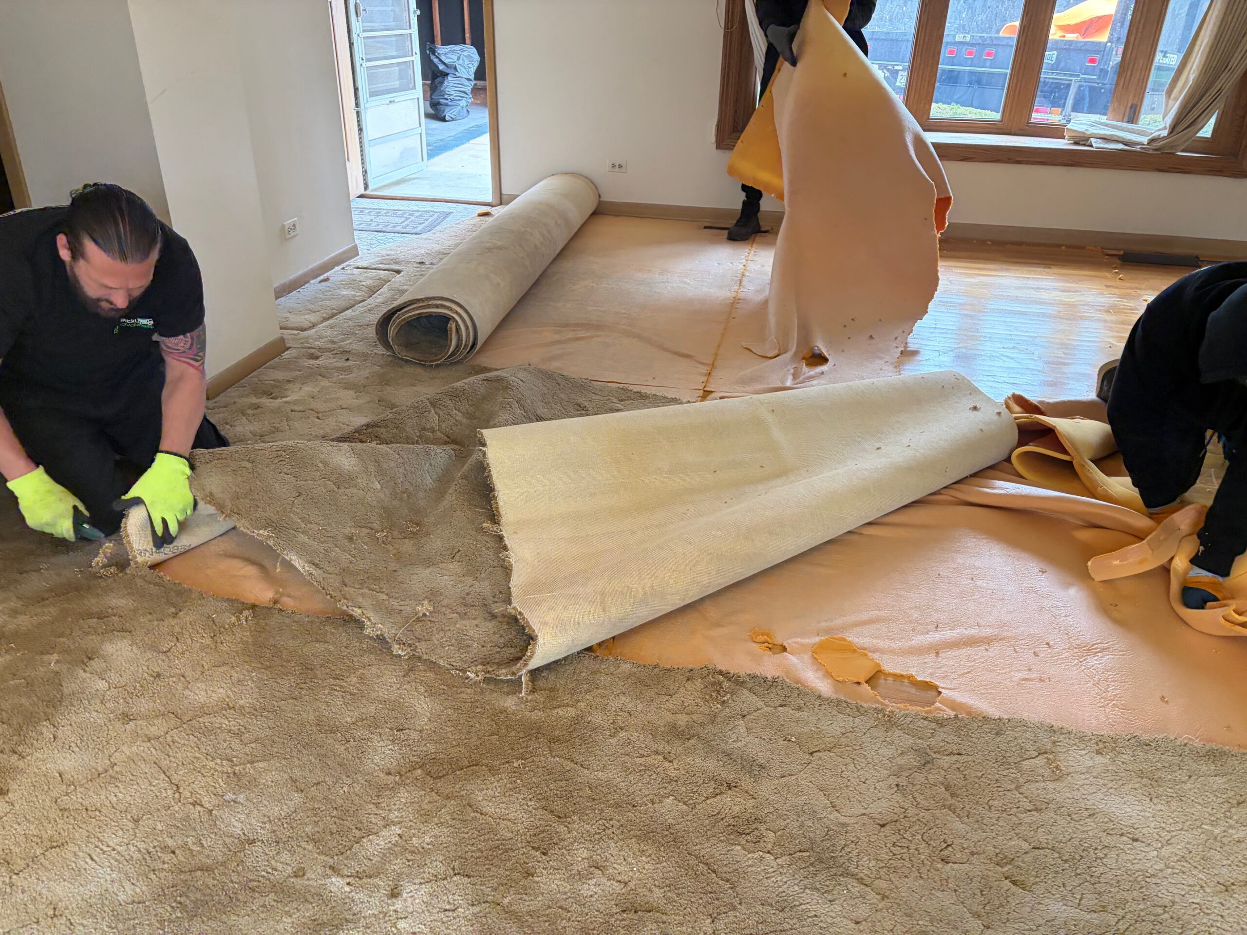 Carpet Removal in Downers Grove Illinois Junk Pickup Removal Team tearing up old carpet to reveal a beautiful hardwood floor underneath